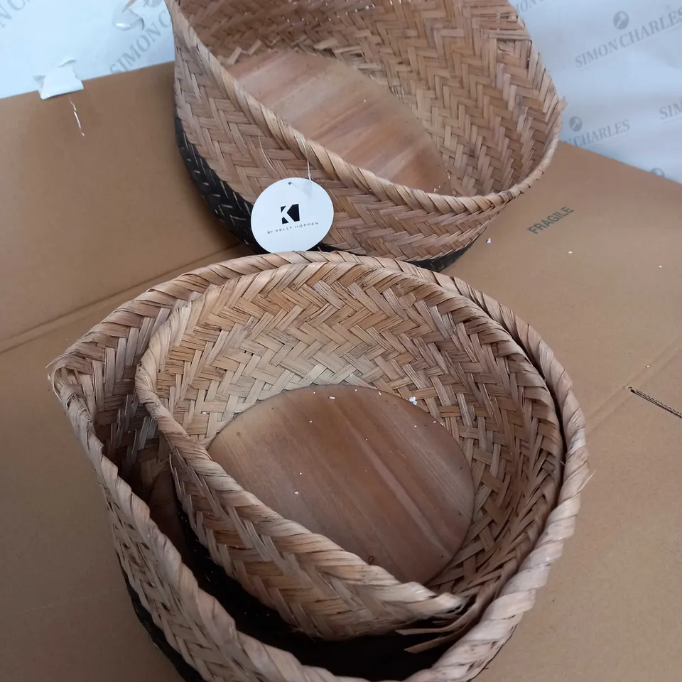 SET OF 3 ROUND, STACKABLE WOVEN BASKETS - BAMBOO & BLACK - KH BY KELLY HOPPEN 3