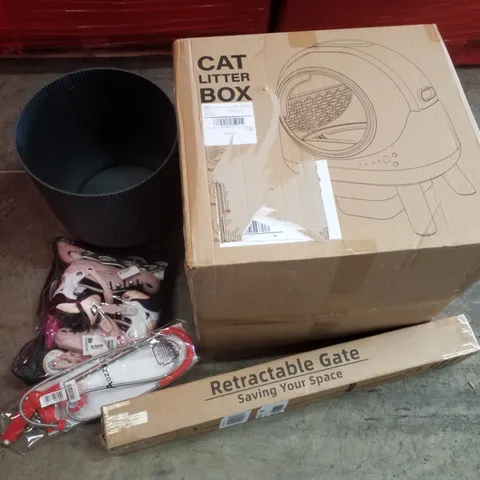 PALLET CONTAINING ASSORTED PRODUCTS INCLUDING CAT LITTER BOX, PLANT POT, ROLLERSKATES, DRAIN PLUNGER & RETRACTABLE SAFTEY GATE