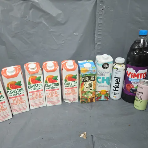 APPROXIMATELY 10 ASSORTED DRINK ITEMS TO INCLUDE - HUEL, VIMTO SQUASH, AND CAWSTON PINK GRAPEFRUIT ETC.