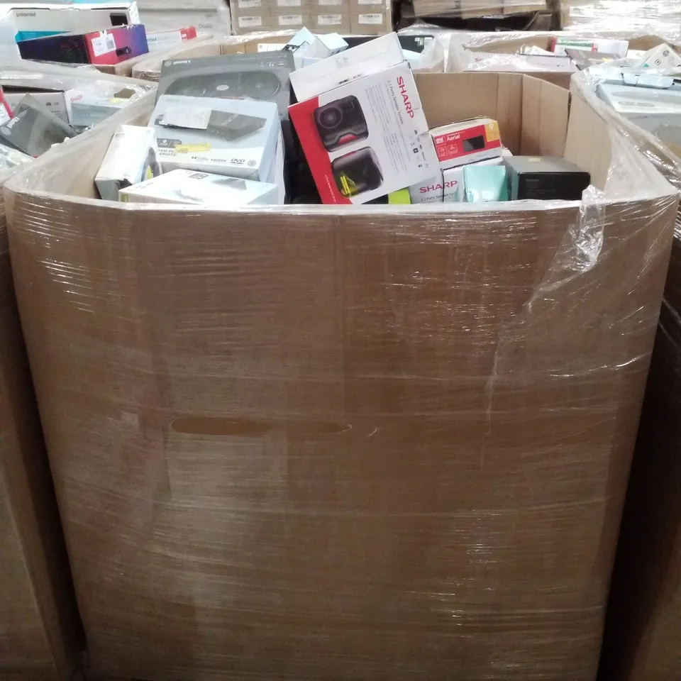 PALLET CONTAINING ASSORTED ELECTRICAL PRODUCTS INCLUDING BLUETOOTH BOOKSHELF SPEAKERS, HDMI DVD PLAYER, WIRELESS HEADPHONES, HP DESKJET 2810E PRINTER, HI-FI MICRO SYSTEM & HOME SECURITY WI-FI CAMERA 