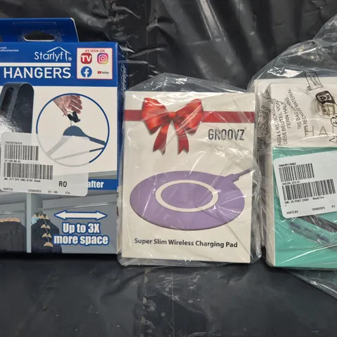 BOX OF APPROXIMATELY 20 ASSORTED HOUSEHOLD ITEMS TO INCLUDE SPACE HANGERS, WIRELESS CHARGING PAD, POWER BANK, ETC - COLLECTION ONLY