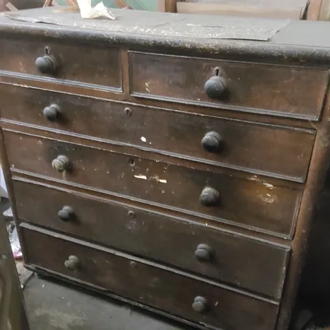 ANTIQUE TWO OVER FOUR DARK WOOD CHEST OF DRAWERS WITH BUN HANDLES