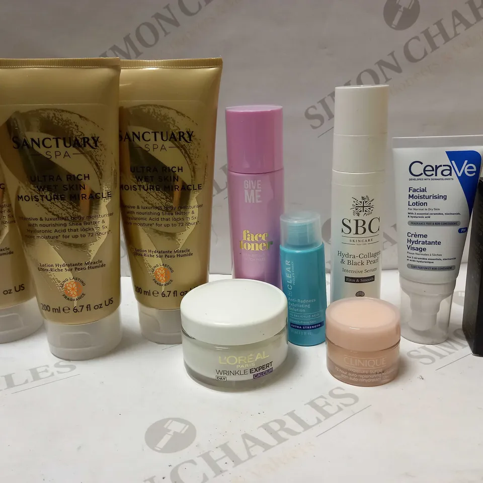 LOT OF APPROX 10 ASSORTED SKINCARE PRODUCTS TO INCLUDE BODY MOISTURISER, FACE TONER, WRINKLE CALCIUM EXPERT CREAM, ETC
