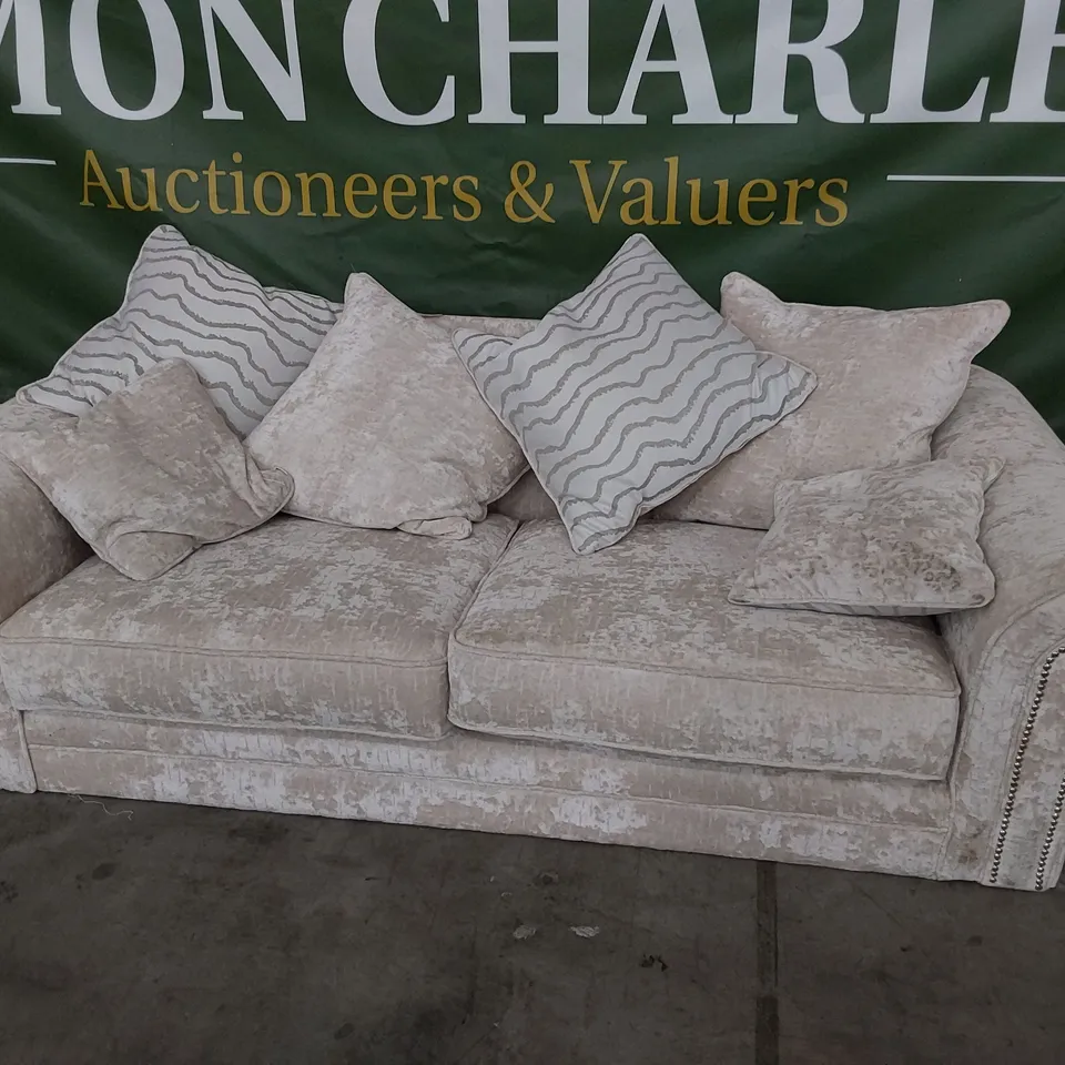 DESIGNER SCROLL ARM THREE SEATER SOFA WITH SCATTER CUSHIONS & STUDDED DETAIL 