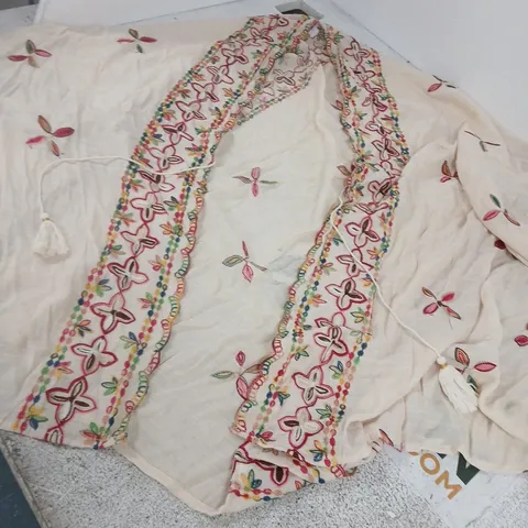 EMBROIDERED CREAM ROBE WITH COLOURFUL BORDER AND TASSELS – ONE SIZE
