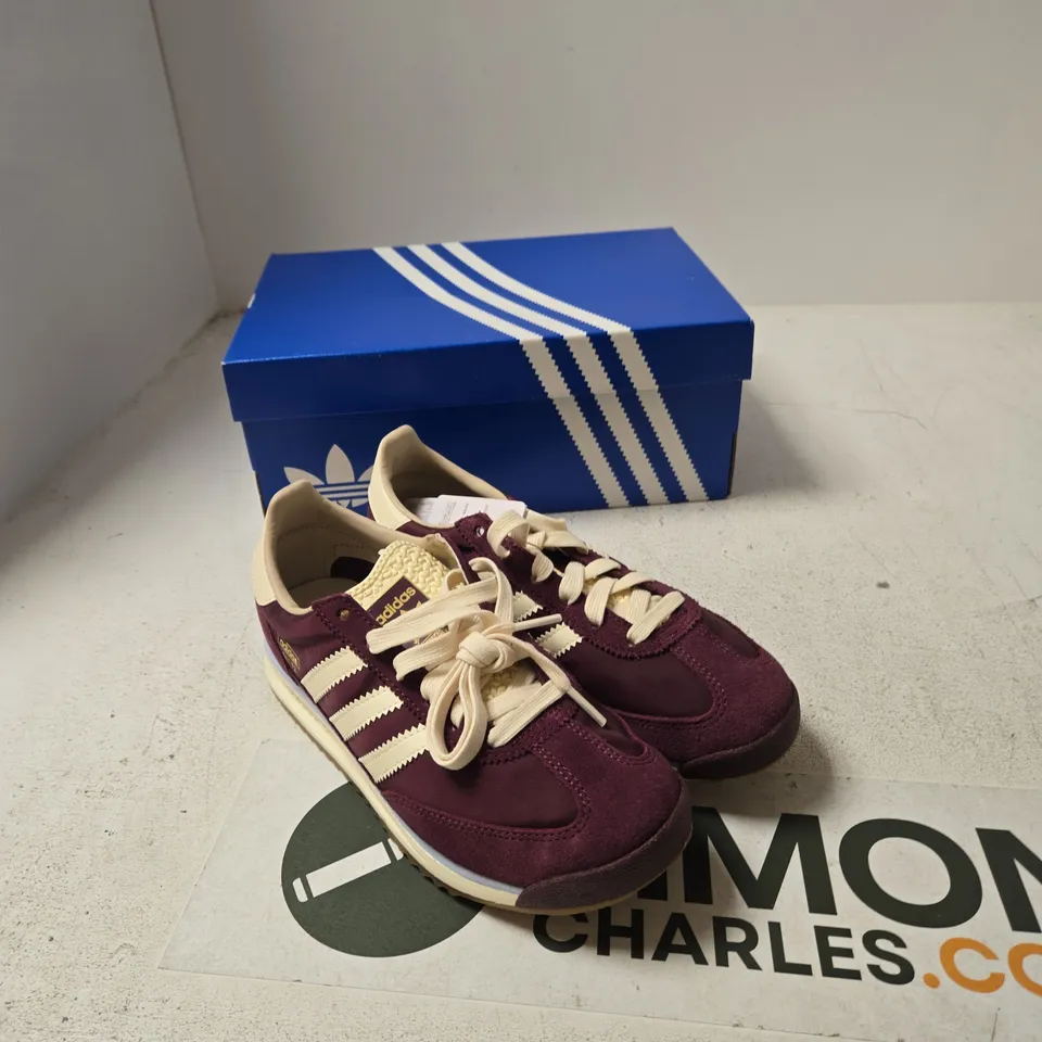 ADIDAS ORIGINALS SL 72 RS J TRAINERS – UK 4.5 (EU 37 1/3; US 5) – MAROON SUEDE WITH CREAM STRIPES