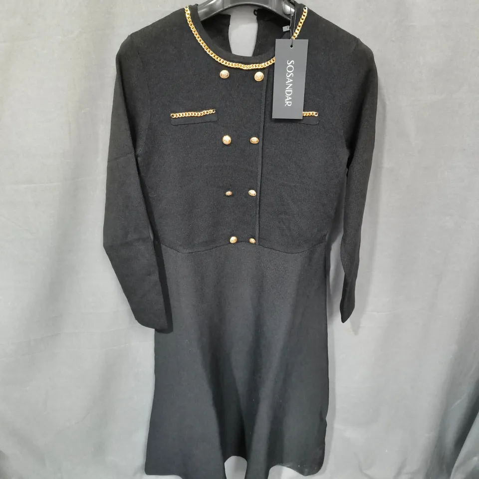 SOSANDER  BUTTON & CHAIN DETAIL FIT & FLARE KNITTED DRESS IN BLACK - SIZE 12