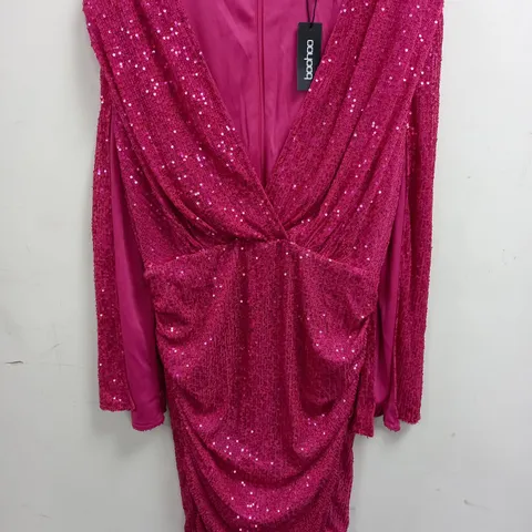 BOOHOO SEQUIN CAPE SLEEVE PLUNGE MINI PARTY DRESS IN HOT PINK - 18