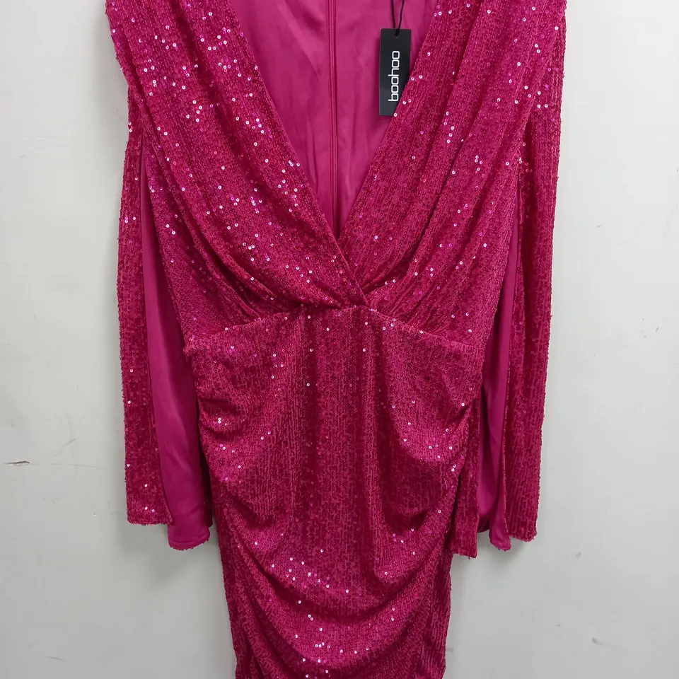 BOOHOO SEQUIN CAPE SLEEVE PLUNGE MINI PARTY DRESS IN HOT PINK - 18