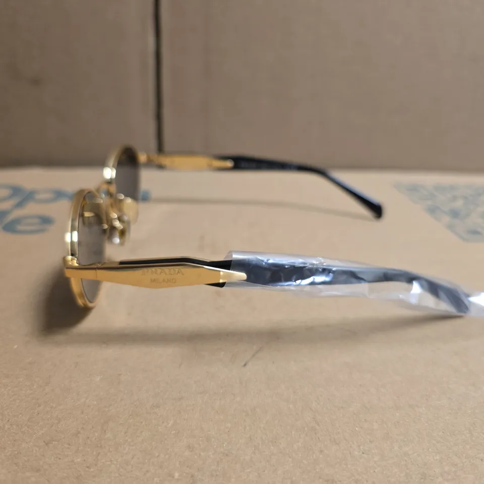 PRADA MILANO GOLD TONE OVAL SUNGLASSES WITH BLACK LENSES