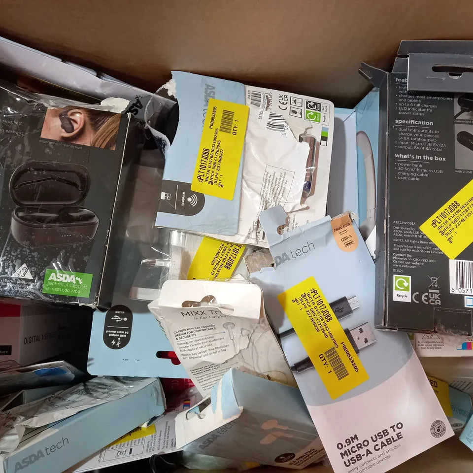 BOX OF APPROXIMATELY 20 ASSORTED ELECTRICAL ITEMS TO INCLUDE MIXX STREAMBUDS MINI TRUE WIRELESS EARBUDS, ASDA TECH FM ALARM CLOCK, JVC TRUE WIRELESS EARBUDS, ETC