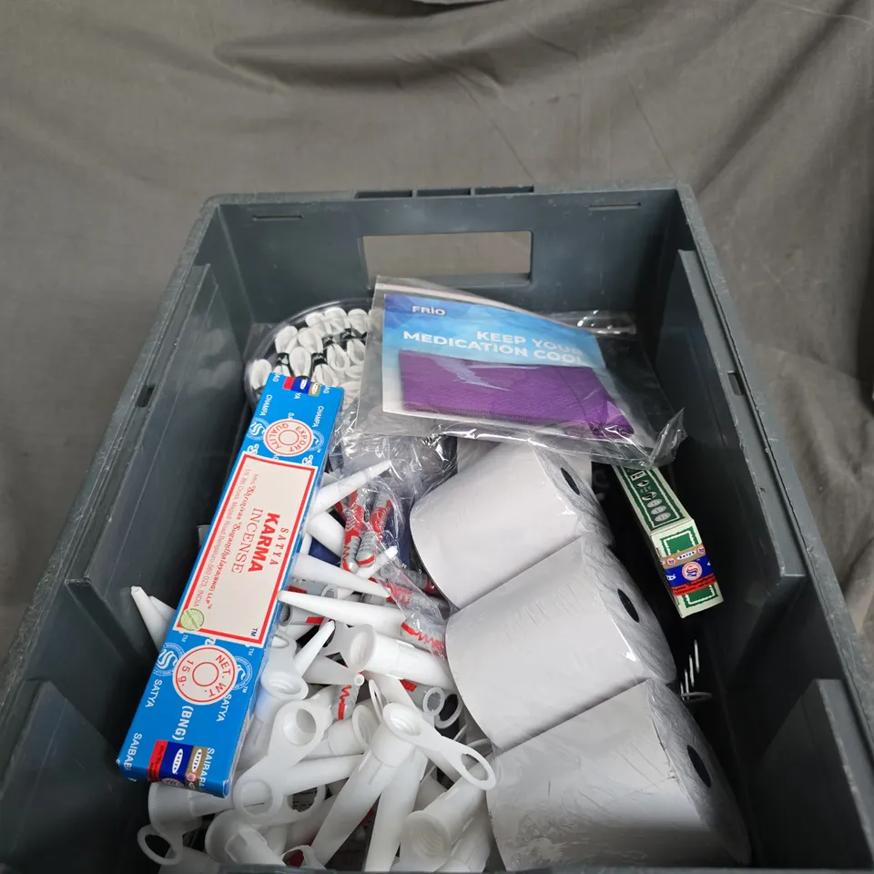 APPROXIMATELY 15 ITEMS OF ASSORTED CRAFTS & HOUSEHOLD LOT: SATYA KARMA INCENSE, VIBEPADEL OVERGRIP, PAPER ROLLS & PLASTIC FITTINGS.