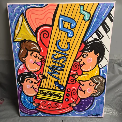EMY SPINKS - CONTEMPORARY PAINTING WITH CHILDREN AROUND A YELLOW PIANO-LIKE INSTRUMENT (SIGNED LOWER-RIGHT)