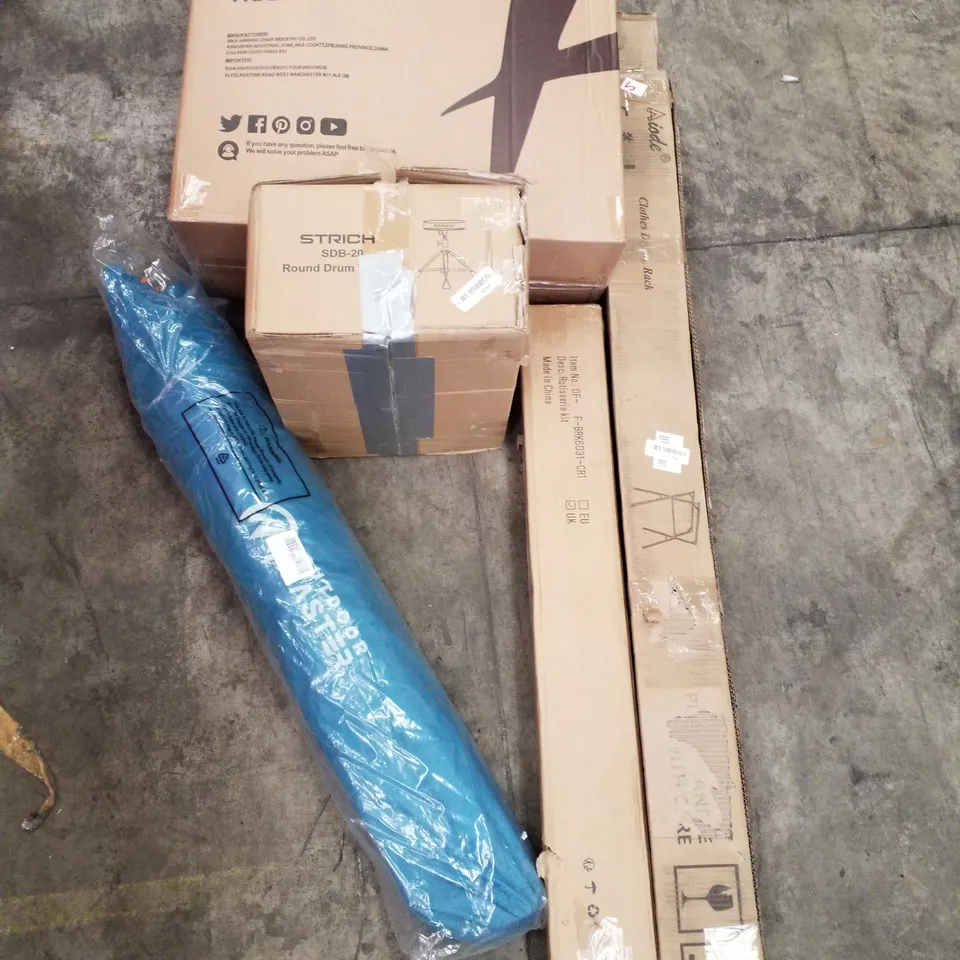PALLET OF ASSORTED PRODUCTS INCLUDING ROTISSERIE KIT, CLOTHES DRYING RACK, ROUND DRUM STOOL, FOLDOUT CAMPING CHAIR, SINK DISH DRYING RACK 