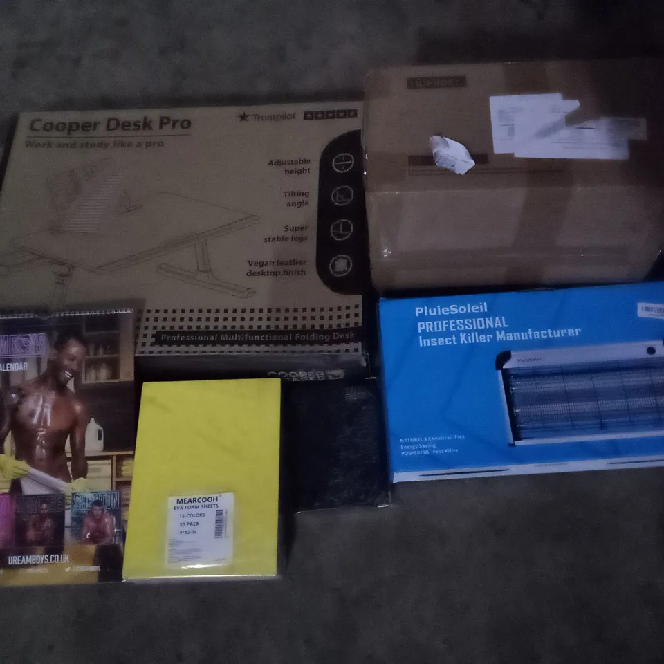 PALLET OF ASSORTED ITEMS INCLUDING INSECT KILLER DREAM BOYS 2023 CALENDER, EVA FOAM SHEETS, HOMIDEC SHOE RACK, COOPER DESK PRO, 2023 PLANNER