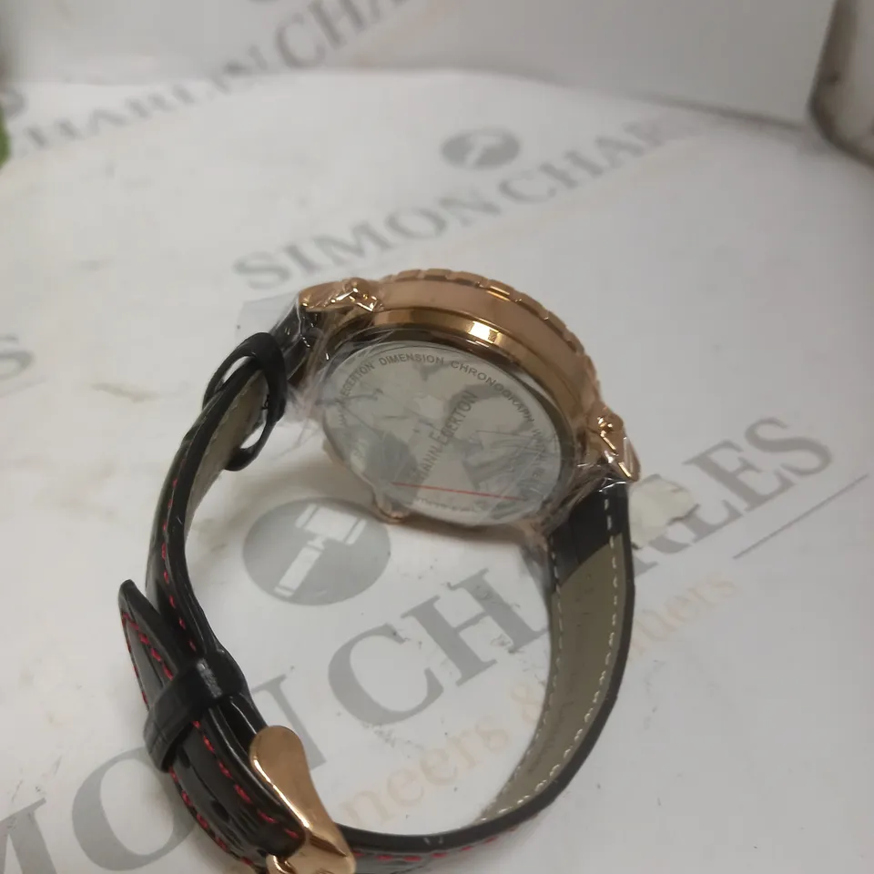 BOXED MANN EGERTON DIMENSIONS ROSE BLACK STRAP WATCH