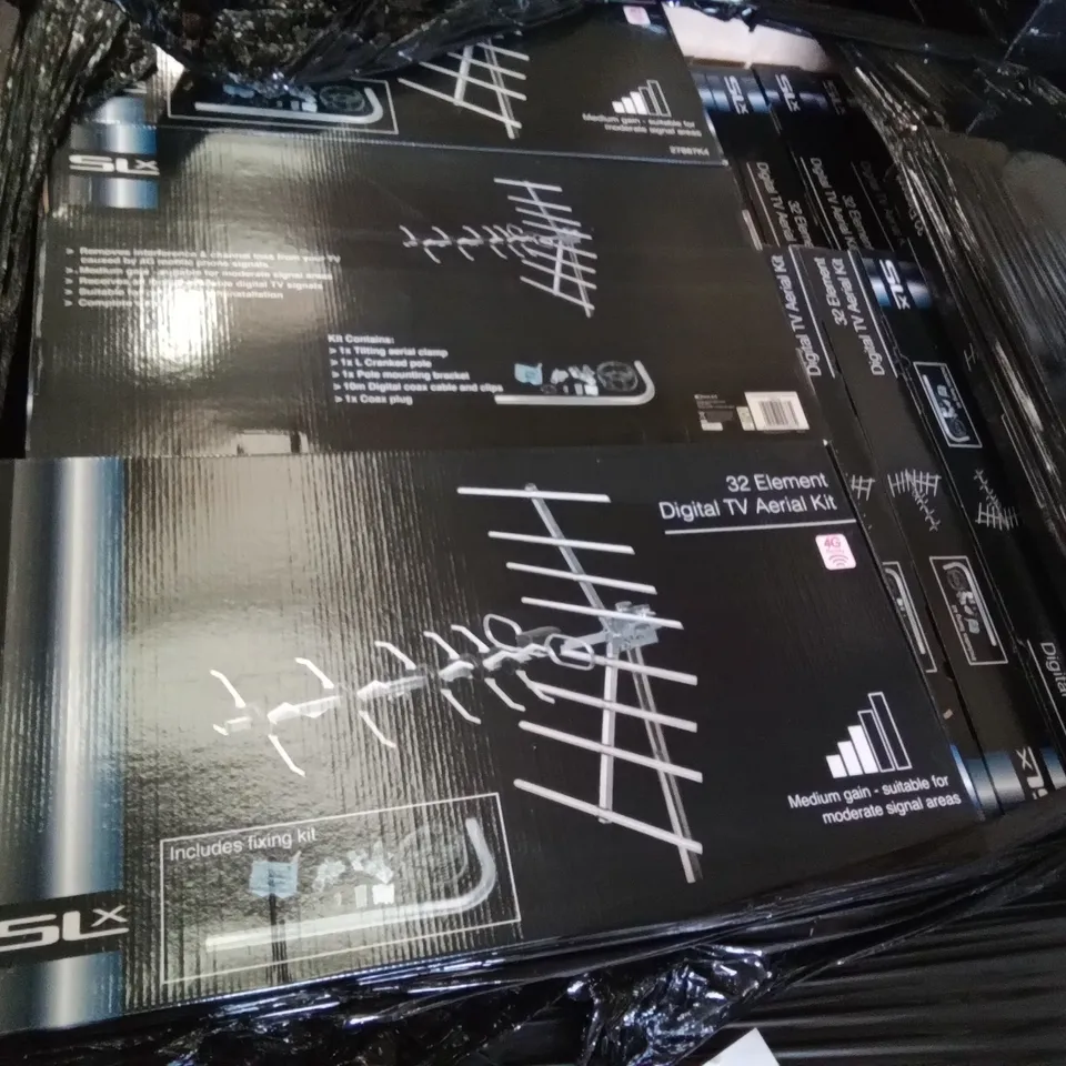 PALLET OF APPROXIMATELY 60 SLX 32 ELEMENT DIGITAL TV AERIAL KITS INC FIXING KIT