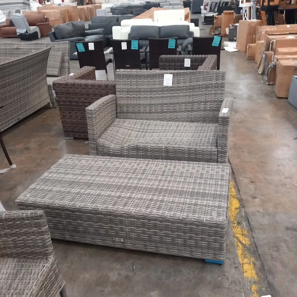 TWO SEATER RATTAN EFFECT GARDEN SOFA WITH COFFEE TABLE