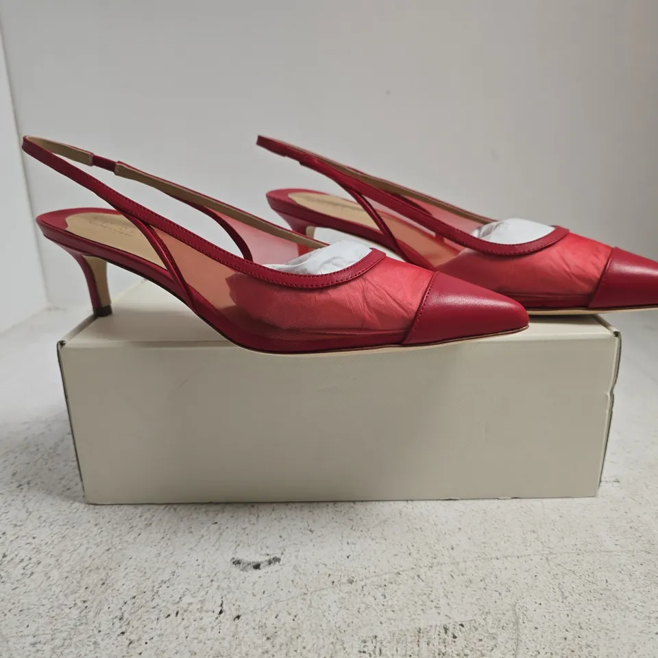 BOXED PAIR OF RALPH LAUREN POINTED TOE LOW STILETTO HEEL SLINGBACK SHOES IN RED SIZE 5.5