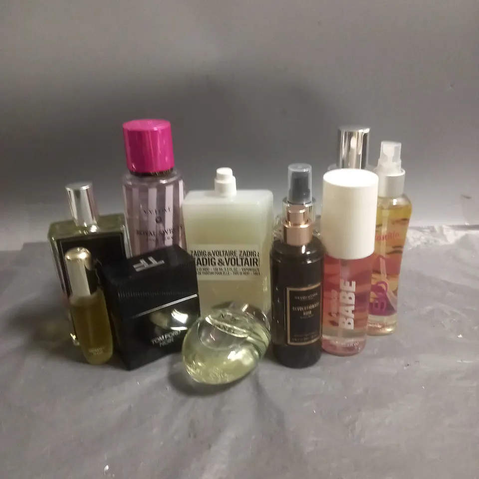 BOX OF APPROX 10 ASSORTED FRAGRANCES TO INCLUDE - TOM FORD NOIR - CHANEL NO 5 - SO..? BODY MIST VANILLA - ETC
