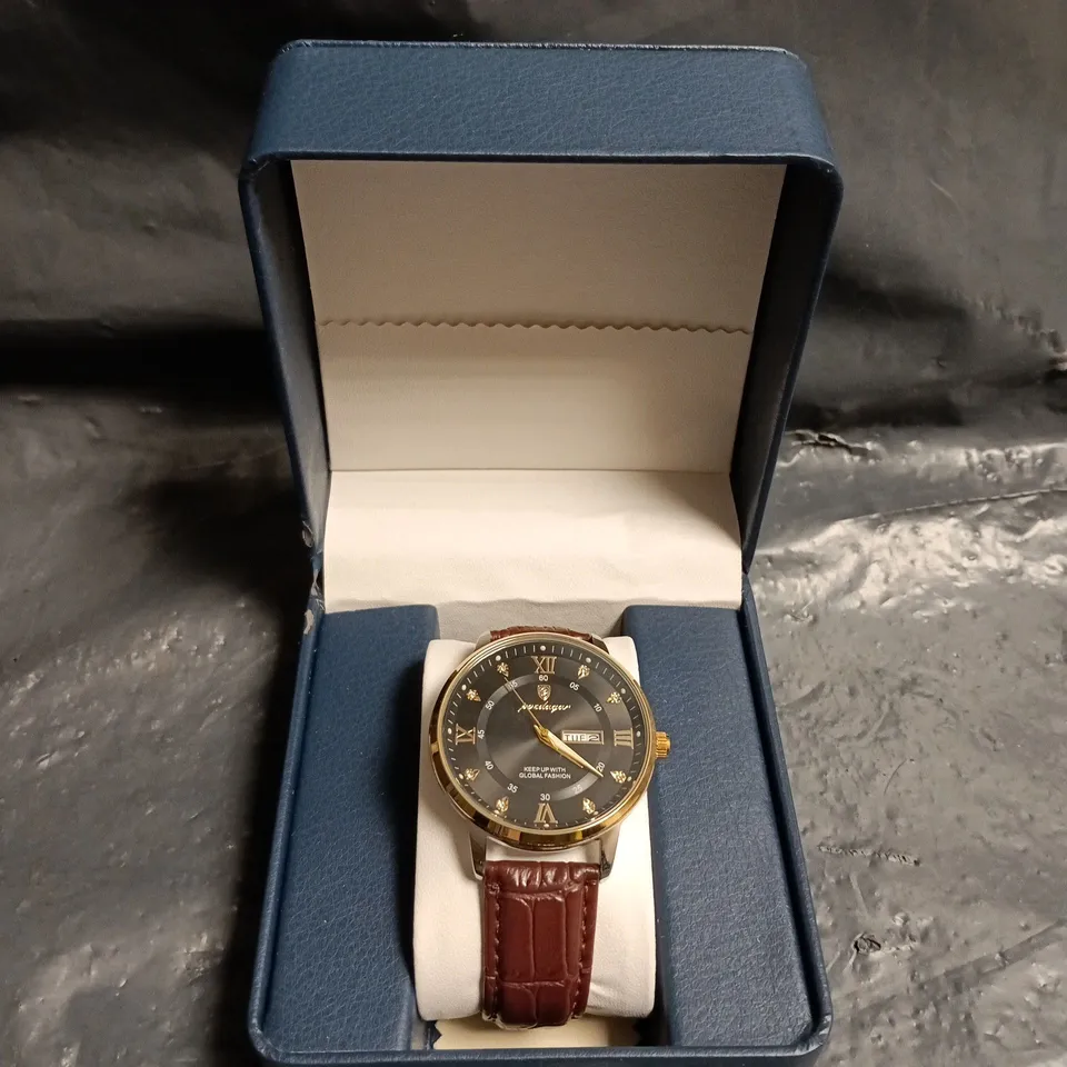 HENRY'S WATCHES - WRISTWATCH WITH BROWN LEATHER STRAP – BLACK DIAL