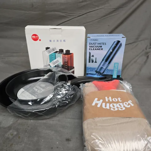 BOX OF APPROXIMATELY 20 ASSORTED HOUSEHOLD ITEMS TO INCLUDE DUST MITES VACUUM CLEANER, HOT HUGGER HOT WATER BOTTLE AND FRYING PANS