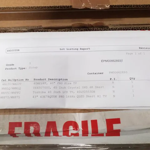 PALLET OF FIVE ASSORTED WAREHOUSE DAMAGED TV'S TO INCLUDE;