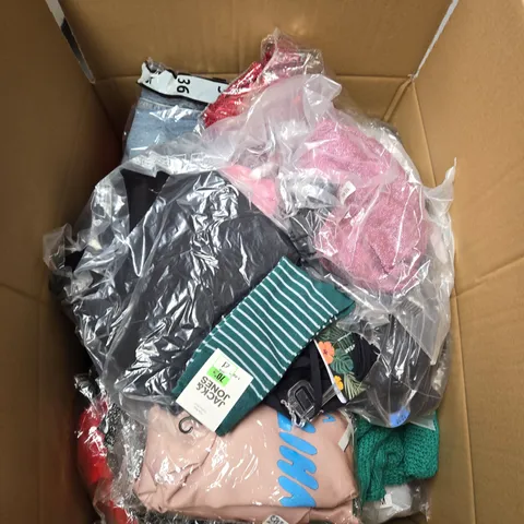 LARGE BOX OF ASSORTED CLOTHING ITEMS IN VARIOUS SIZES, STYLES AND COLOUR 