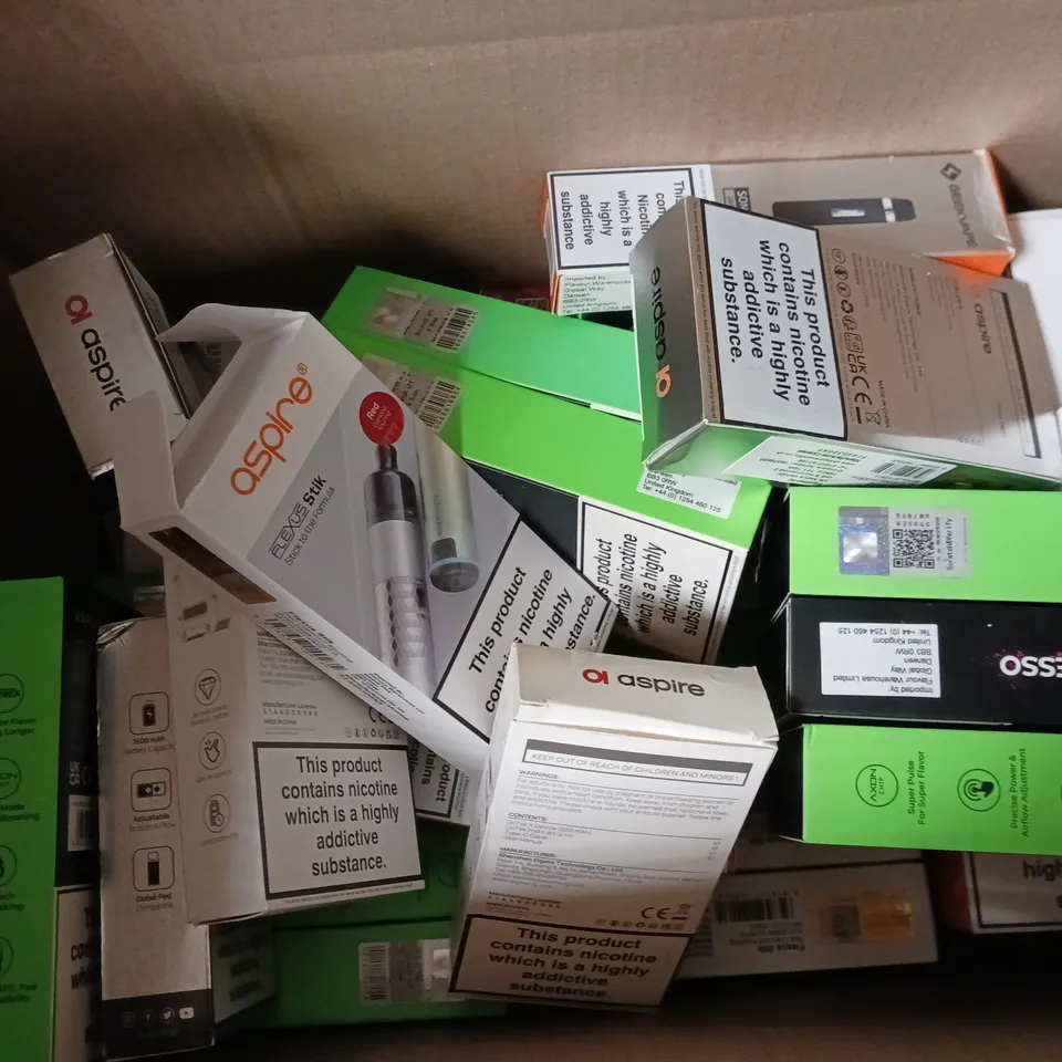 BOX OF APPROXIMATELY 16 E-CIGARETTES TO INCLUDE VOOPOO, VAPORESSO, ASPIRE 