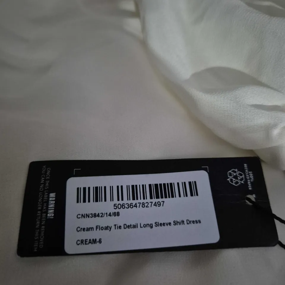 PRETTYLITTLETHING CREAM FLOATY TIE-DETAIL LONG SLEEVE SHIFT DRESS, UK 6