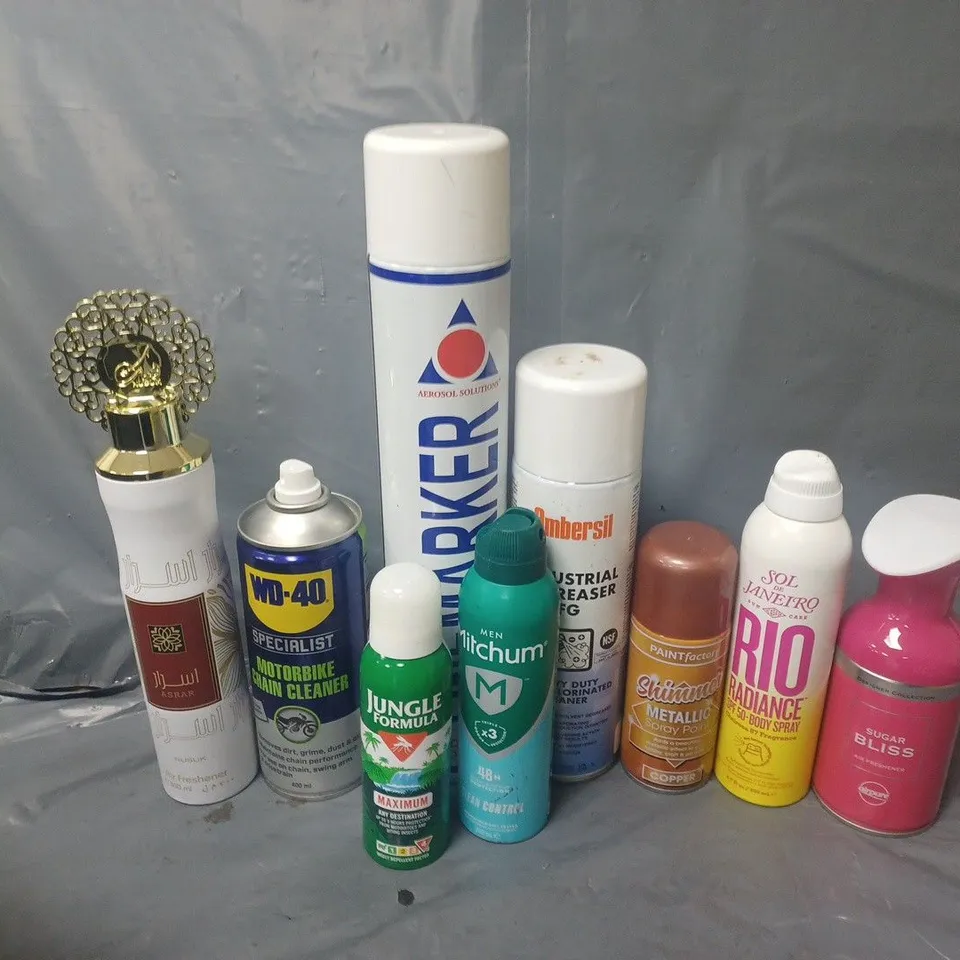 APPROXIMATELY 15 ASSORTED AEROSOLS TO INCLUDE LINEMARKER, SUGAR BLISS AIR FRESHENER, WD-40, ETC - COLLECTION ONLY