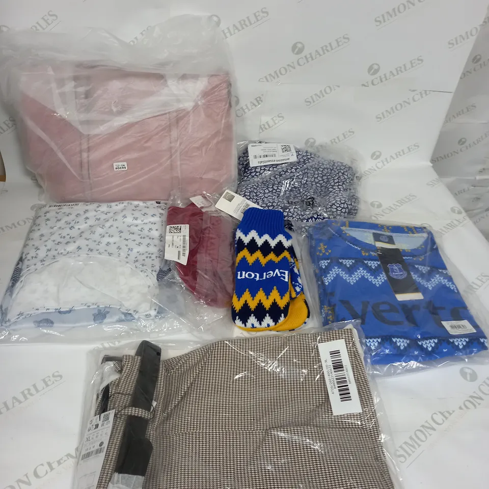 LARGE BOX OF ASSORTED CLOTHING ITEMS IN VARIOUS COLOURS AND SIZES INCLUDING TROUSERS , TOPS AND JUMPERS