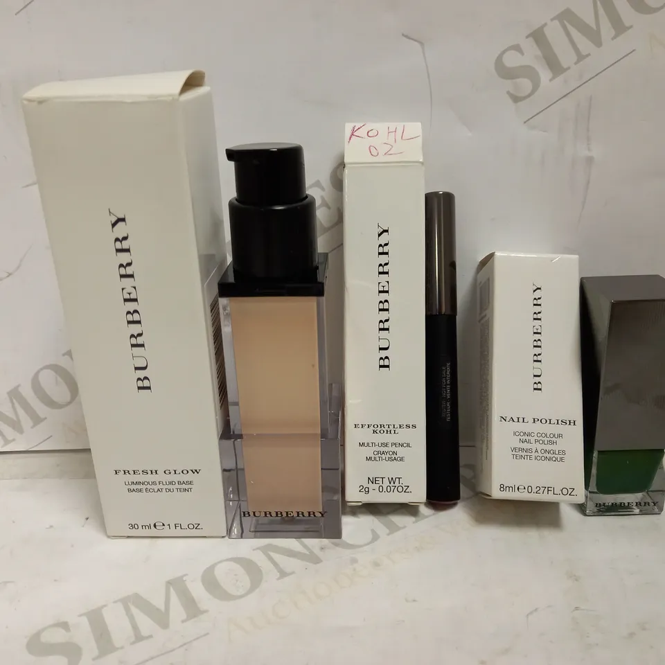 LOT OF 3 BURBERRY PRODUCTS TO INCLUDE FRESH GLOW LUMINOUS FLUID BASE - NO.01, MULTI USE PENCIL EFFORTLESS KOHL - NO.2, ICONIC NAIL POLISH - SAGE GREEN NO.420