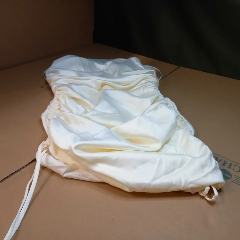 OH POLLY OYSTER WHITE RUCHED SATIN STATEMENT MINI DRESS - SIZE 12