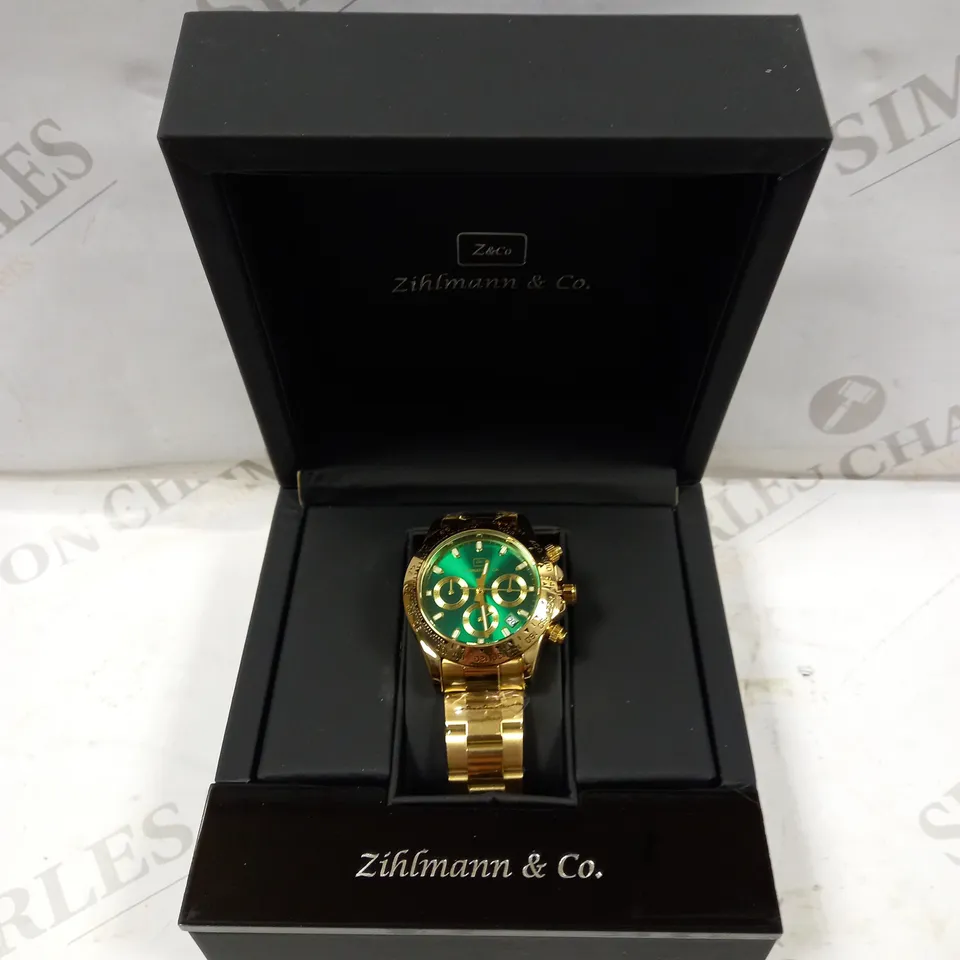 MENS ZIHLMANN & Co Z400 WATCH – MULTI FUNCTION MOVEMENT – GOLD COLOUR STAINLESS STEEL STRAP – GREEN DIAL – 3ATM WATER RESISTANT