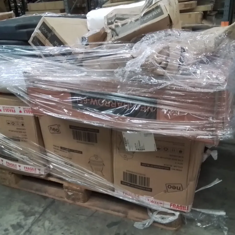 PALLET OF ASSORTED HOUSEHOLD GOODS AND PRODUCTS TO INCLUDE;BBQ,WHEEL BARROW,STEAMER MOP