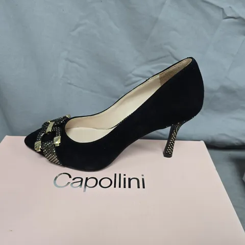 CAPOLLINI BLACK SUEDE HIGH HEELS WITH GOLD BUCKLE EMBELLISHMENT – UK 3.5 (EU 36)
