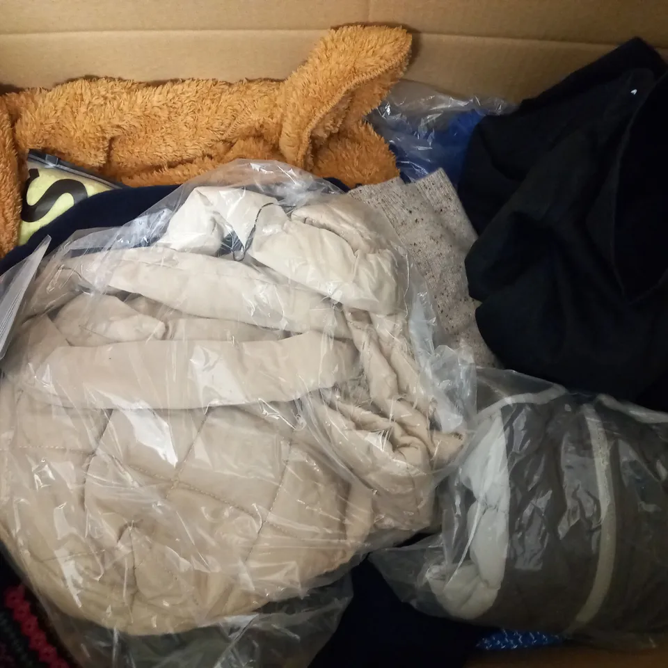 BOX OF ASSORTED CLOTHING ITEMS TOO INCLUDE JUMPERS, SHIRTS AND TROUSERS IN VARIOUS SIZES AND COLOURS   