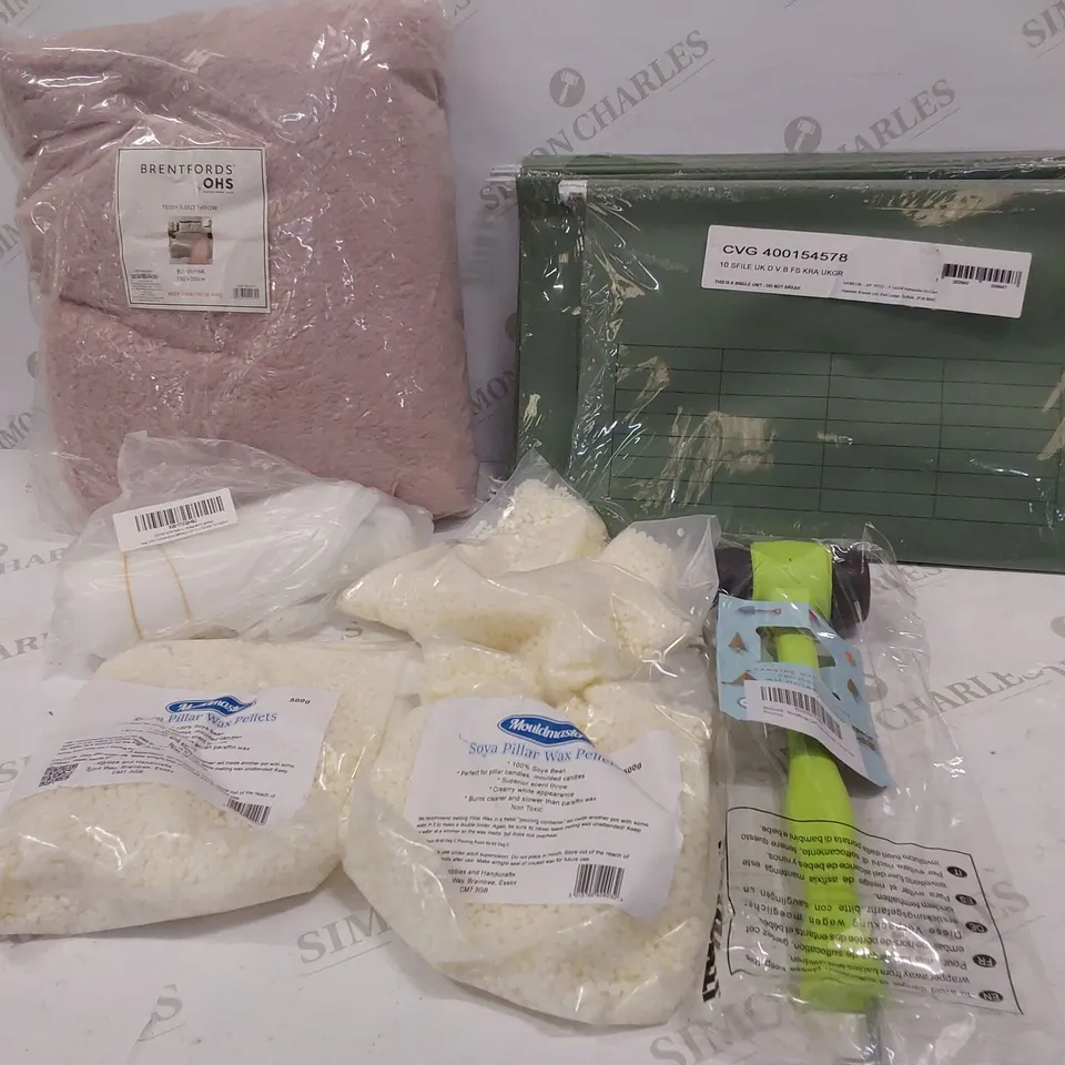 8 BRAND NEW ITEMS TO INCLUDE: 2 FILE DIVIDERS, HAMMER, TEDDY FLEECE THROW, 3 packs of wax pellets