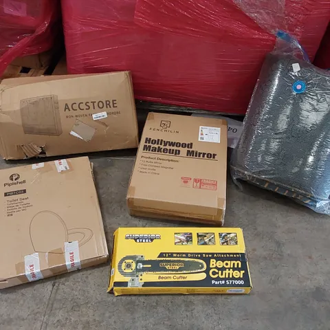 PALLET OF ASSORTED CONSUMER PRODUCTS TO INCLUDE; HOLLYWOOD MAKEUP MIRROR, BEAM CUTTER SAW ATTACHMENT, FABRIC WARDROBE, LARGE RUGS, TOILET SEAT ECT