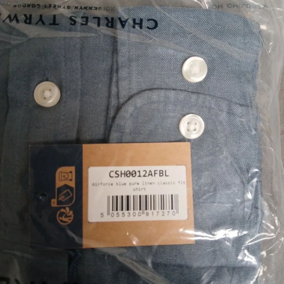 CHARLES TYRWHITT AIRFORCE BLUE PURE LINEN CLASSIC FIT SHIRT SIZE L