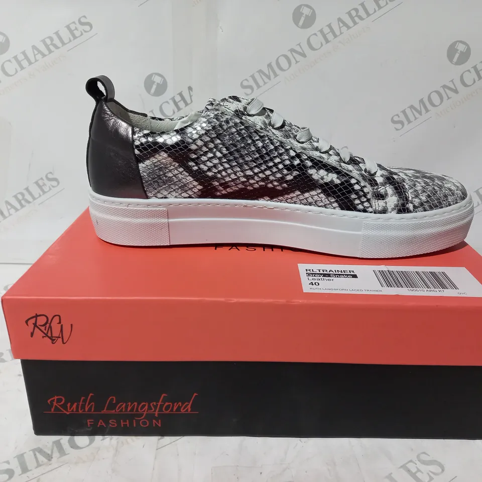 BOXED PAIR OF RUTH LANGSFORD TRAINERS WITH ZIP DETAIL IN GREY SNAKE UK SIZE 7
