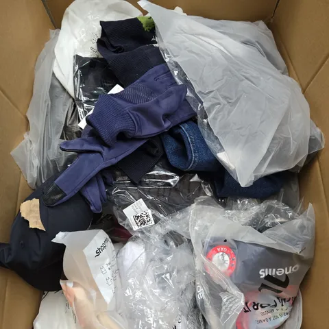 LARGE BOX OF ASSORTED CLOTHING ITEMS IN VARIOUS SIZES, STYLES AND COLOUR 