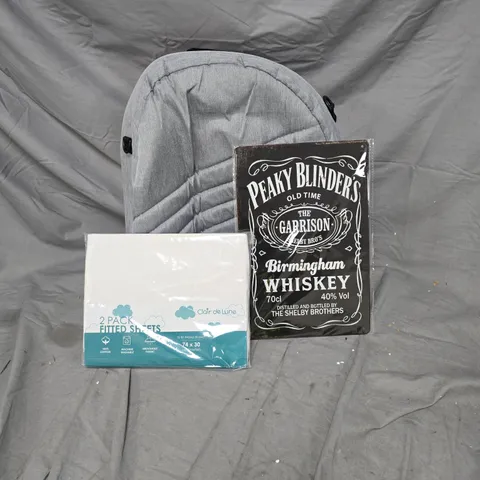 BOX OF ASSORTED HOUSEHOLD ITEMS INCLUDING PEAKY BLINDERS WALL SIGN, BEDDING AND CARRYING BAG