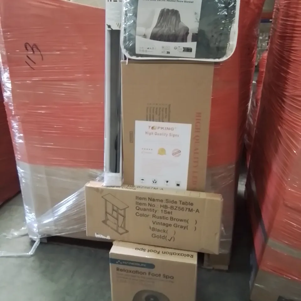 PALLET CONTAINING VARIOUS ASSORTED BOXED HOUSEHOLD ITEMS TO INCLUDE: LED SIGNS, ROLLER BLINDS,  FOOT SPA, HEATED BLANKET AND LOTS MORE UNMARKED BOXED ITEMS 