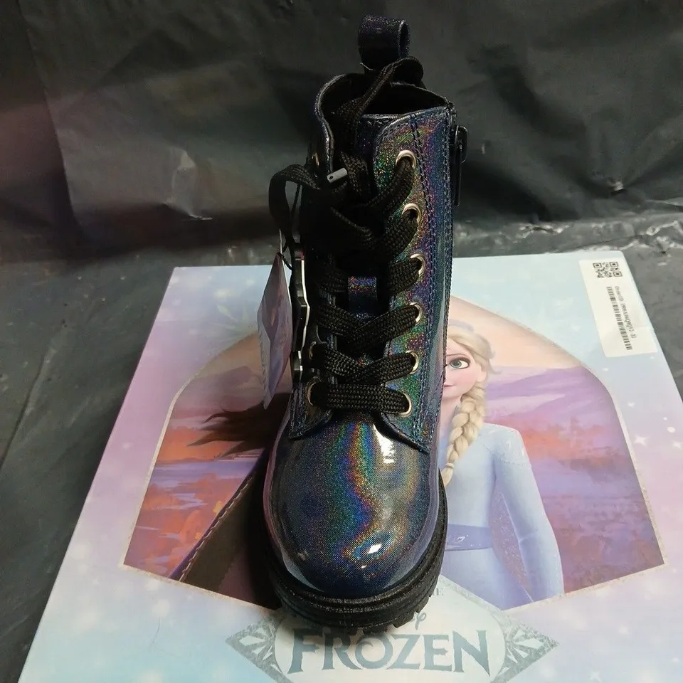 DISNEY FROZEN KIDS BOOTS – ANNA/ELSA PATCH, HOLOGRAPHIC BLACK FINISH SIZE 24