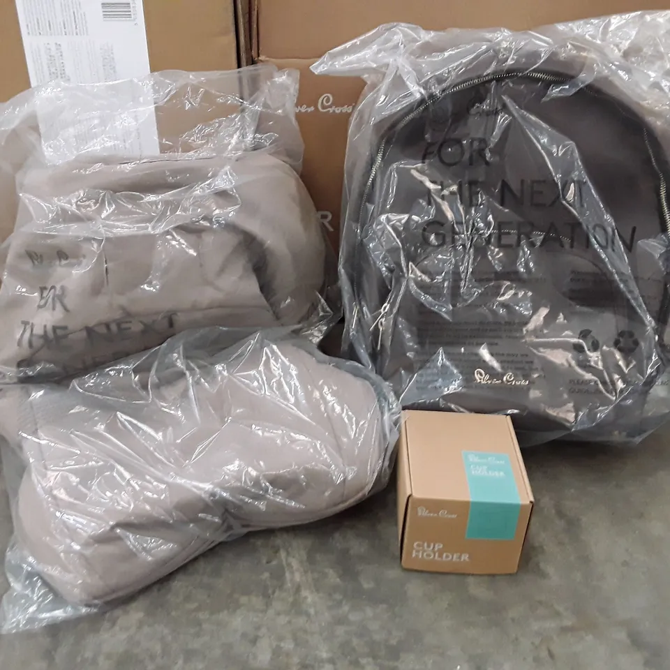 BOX CONTAINING SILVER CROSS FOOTMUFF, BACKPACK & CUP HOLDER