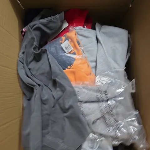 LARGE BOX OF ASSORTED CLOTHING ITEMS IN VARIOUS SIZES, STYLES AND COLOUR 