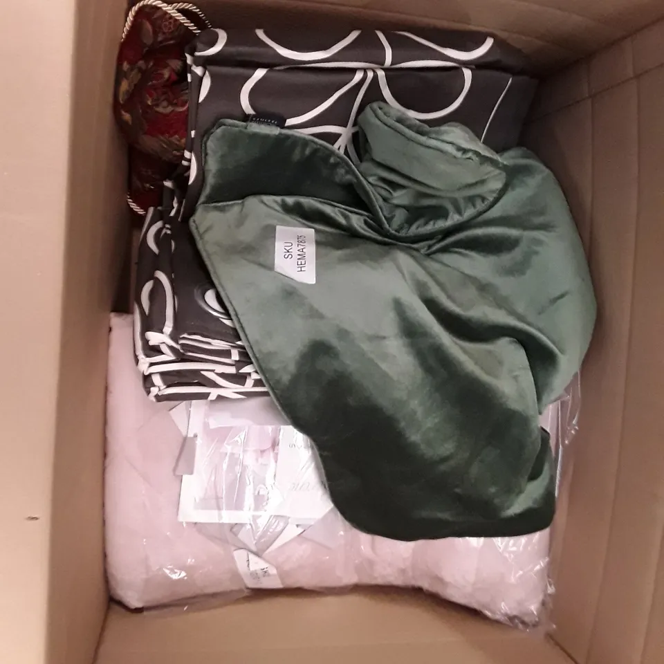 BOX TO CONTAIN AN ASSORTMENT OF CURTAINS, CUSHION COVERS AND THROWS ECT 