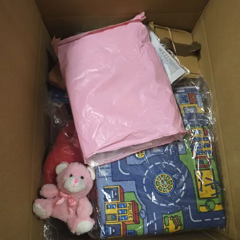 BOX OF APPROXIMATELY 15 ASSORTED TOYS INCLUDING A LATEX BALLOON, DOLLY SHOP MAKE YOUR OWN TEDDY BEAR AND A PINK TEDDY BEAR